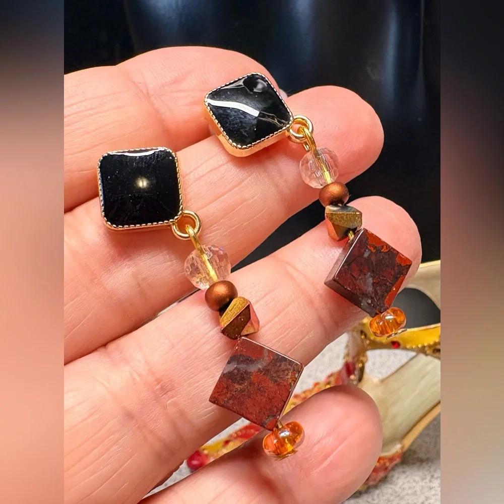 Elegant Black and Brown Dangle earrings/Red  jasper - Picture 3 of 8
